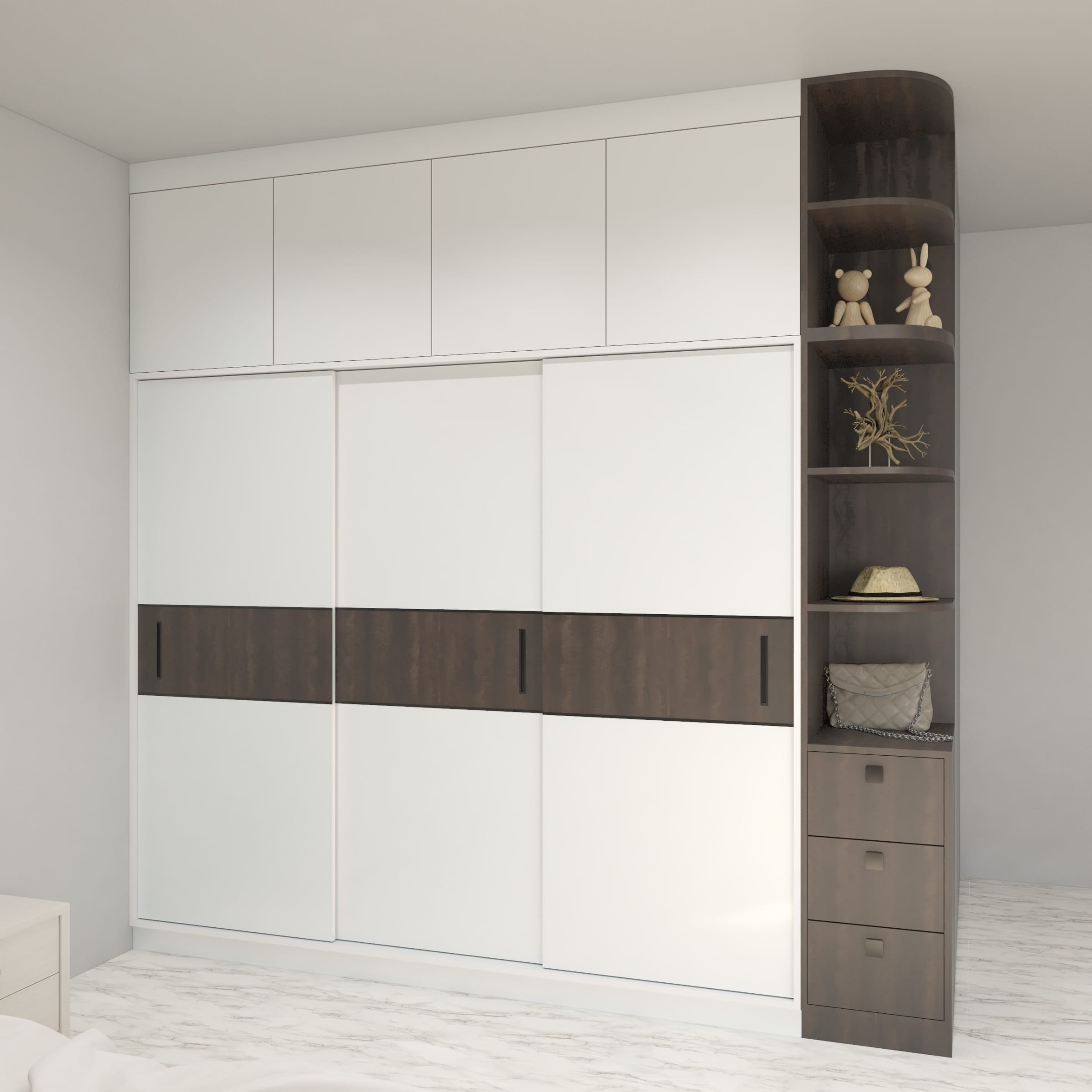 A 3D render of a three-panel sliding wardrobe in white with a dark wood band, loft units above and a display column beside it