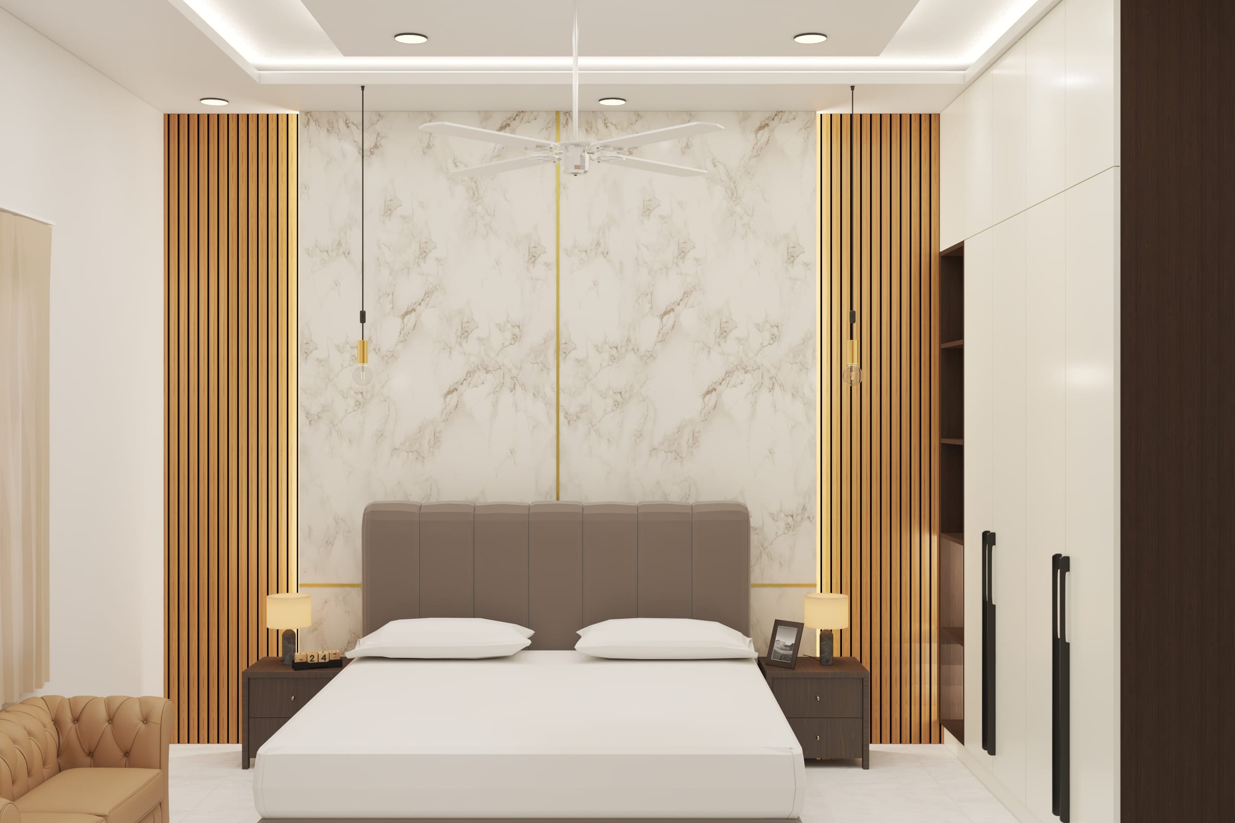 A 3D render of a bedroom headboard wall in veined marble, flanked by fluted wood panels with slim gold inlay lines