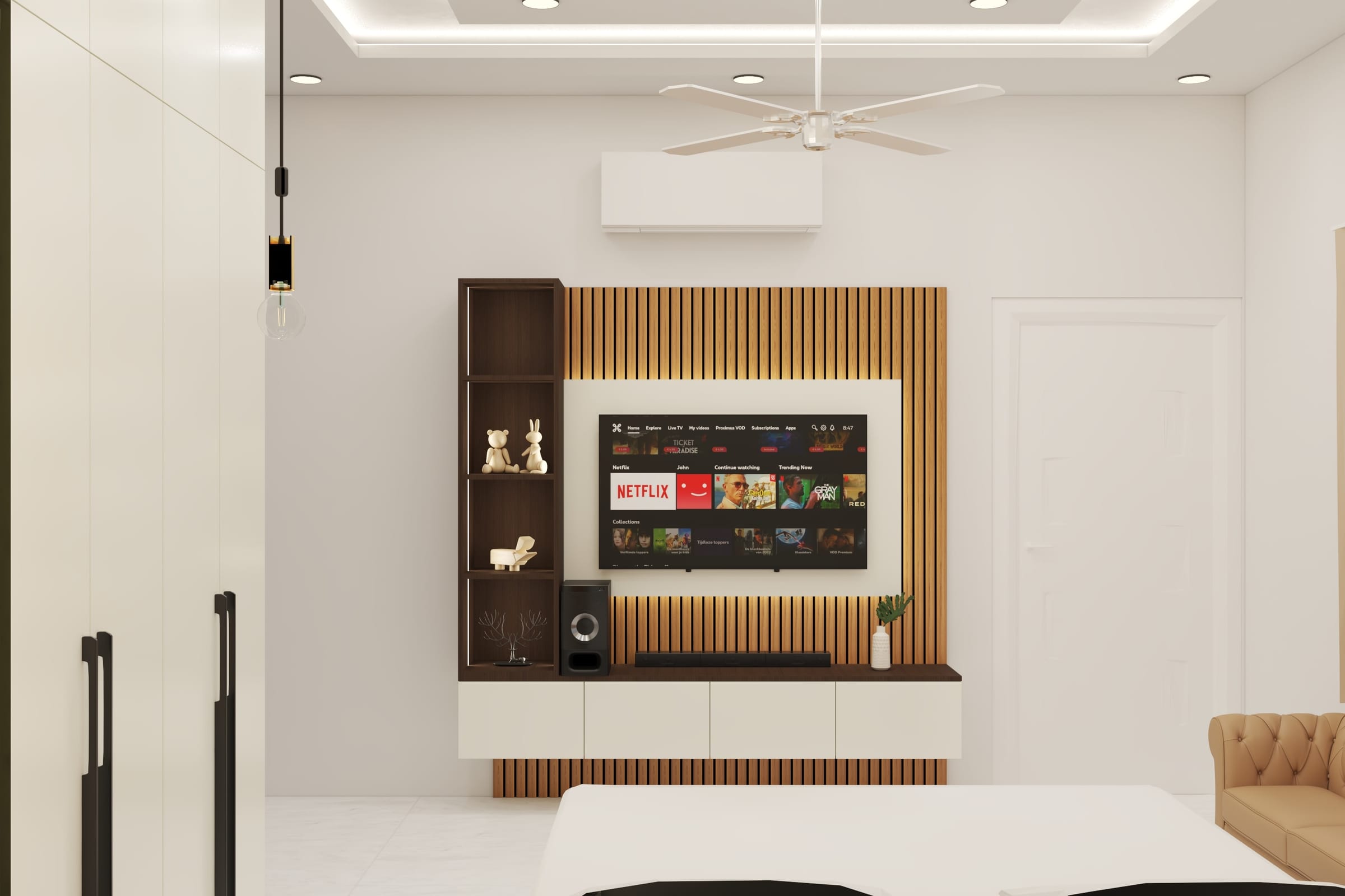 A 3D render of a bedroom television wall in fluted wood with a recessed screen niche and low storage beneath