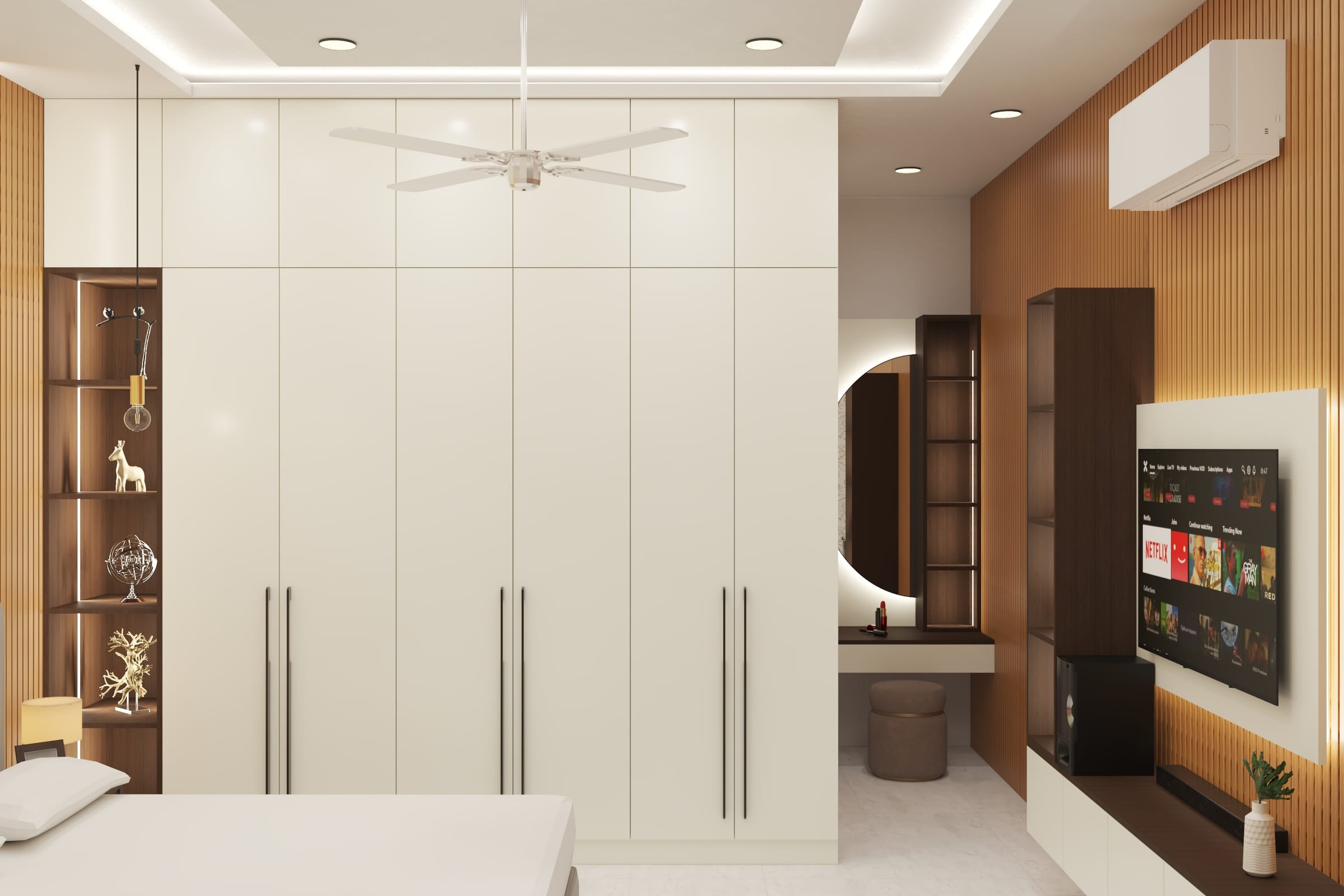 A 3D render of a bedroom wardrobe run with a mirrored dressing section and loft storage above