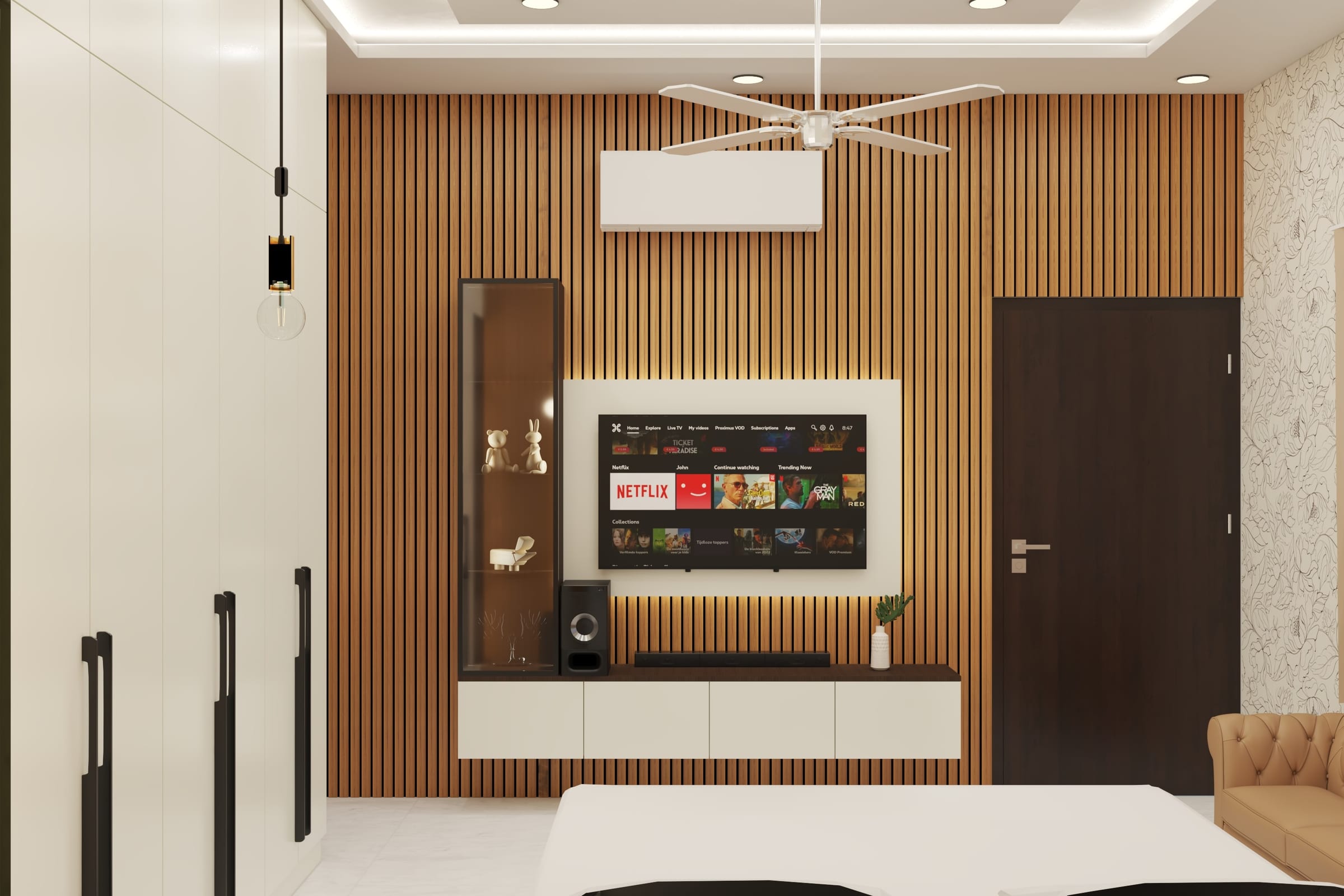A 3D render showing a full bedroom elevation, with the bed, wardrobe run and side tables drawn together
