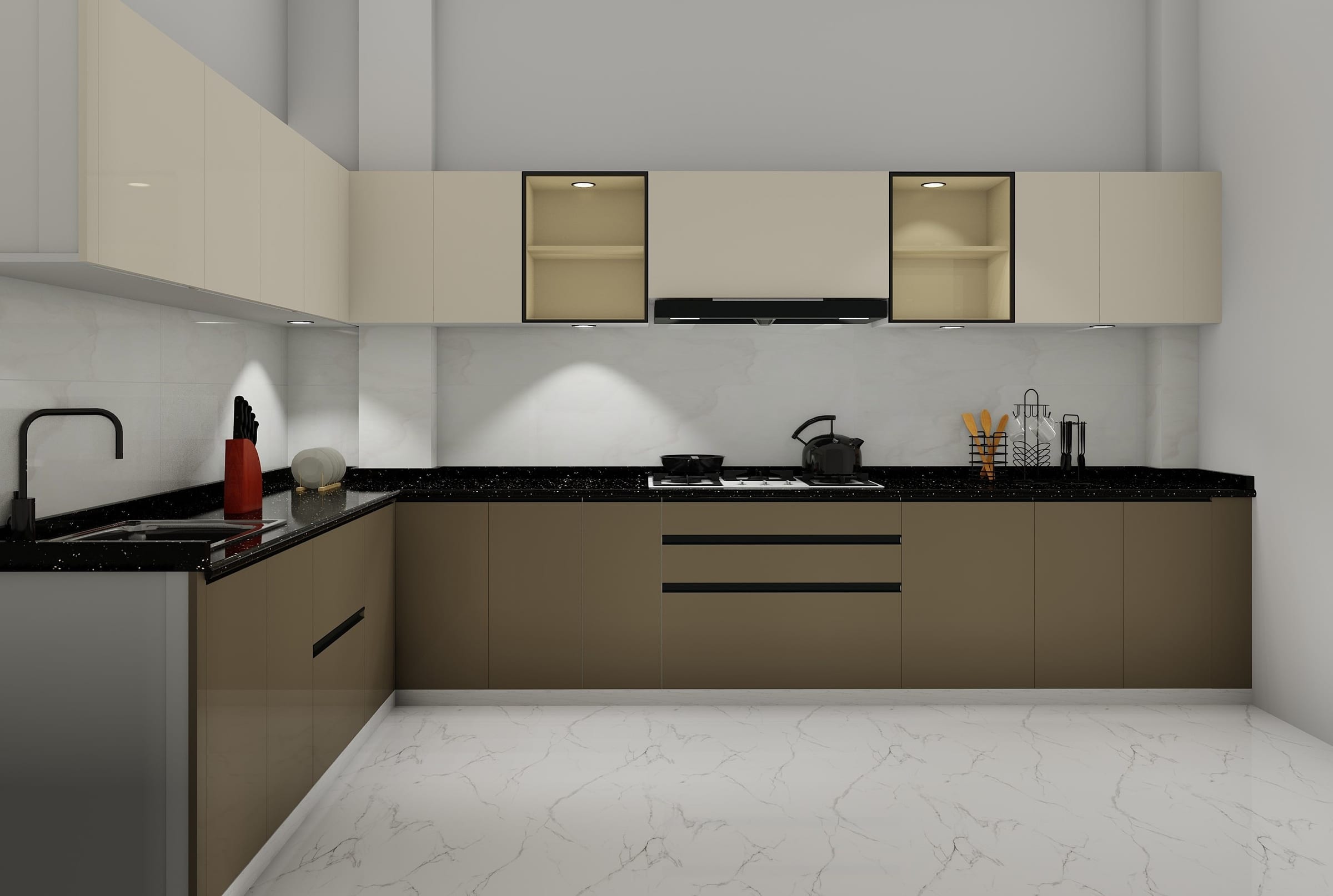 A 3D render of an L-shaped kitchen with bronze gloss shutters, a black granite counter and black-framed open niches