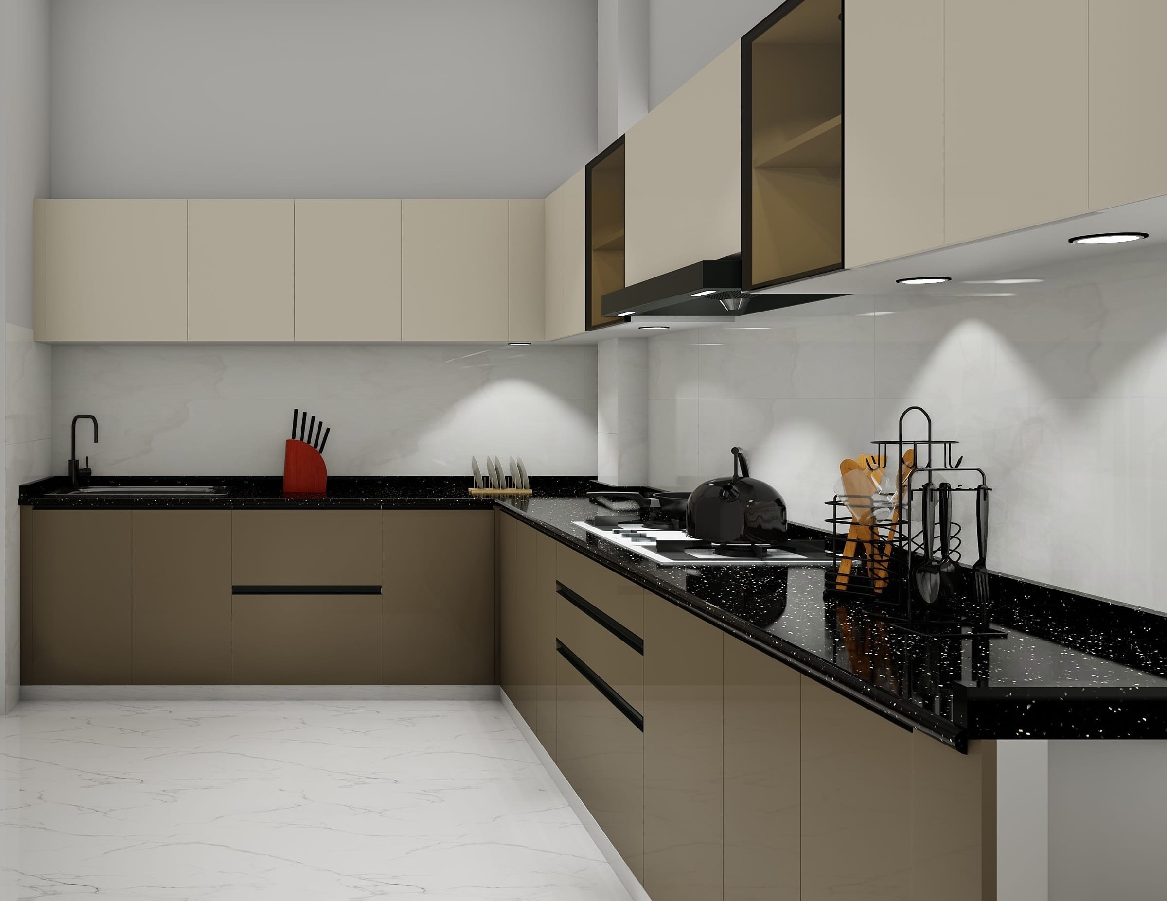 A 3D render of the corner of the same L-shaped kitchen, showing the tall unit and the return of the counter