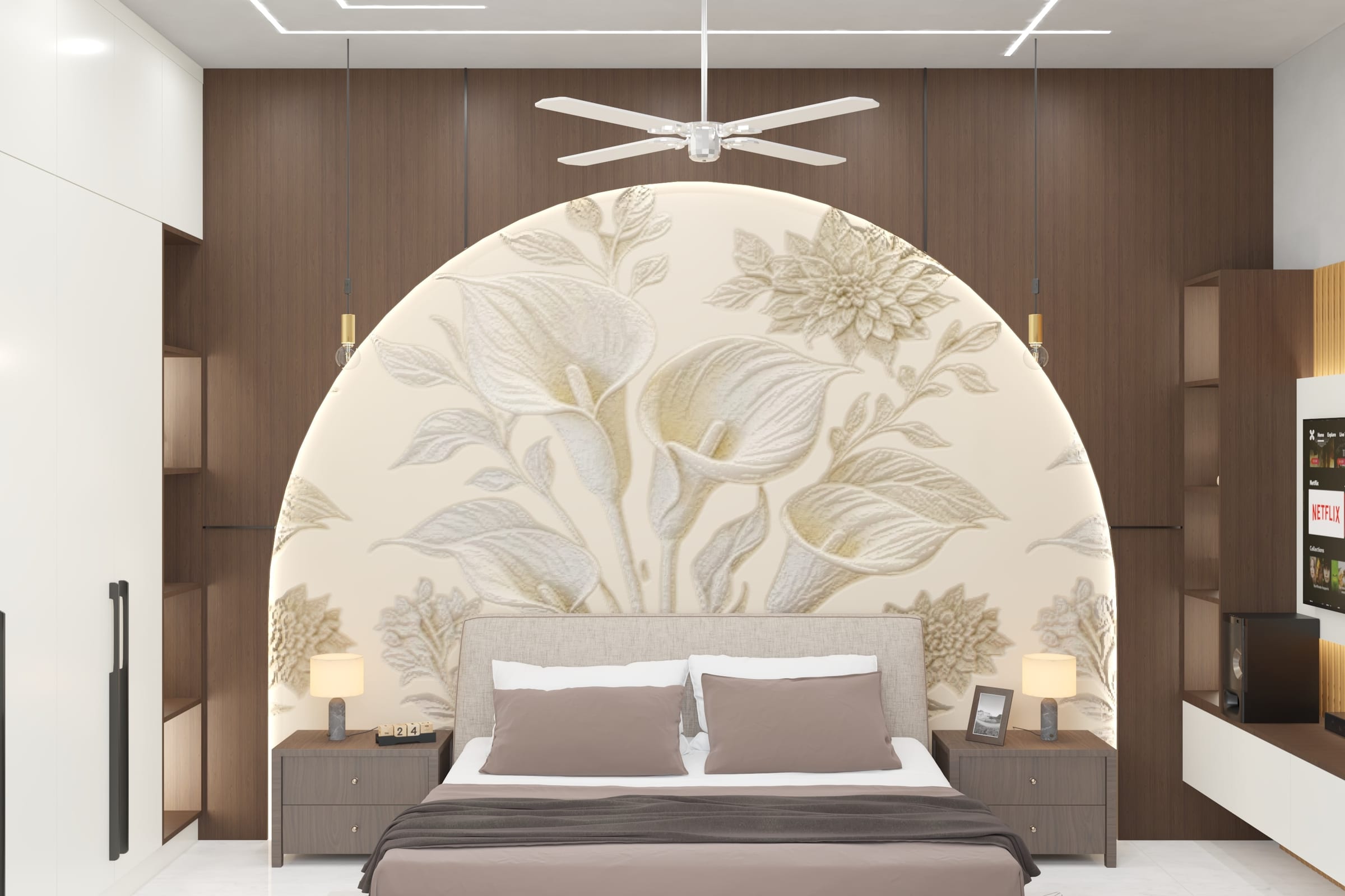A 3D render of a bedroom headboard wall built around a tall arched panel with a carved floral face, flanked by wood panelling