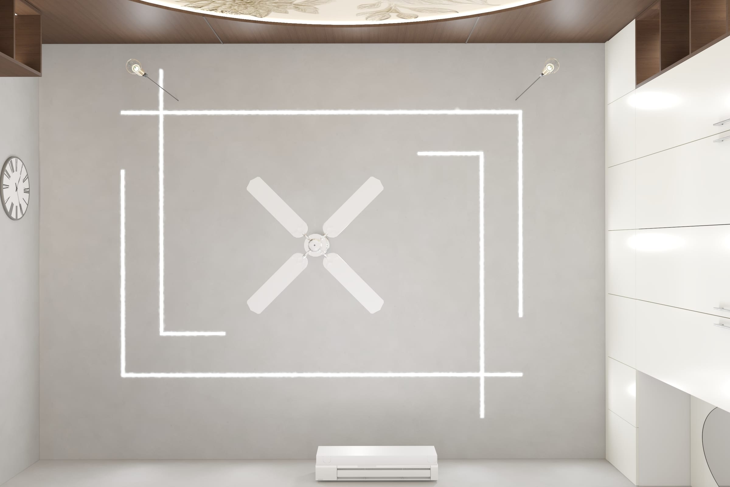 A 3D render looking up at a bedroom ceiling, showing linear profile lighting set into a recessed panel and two pendant drops